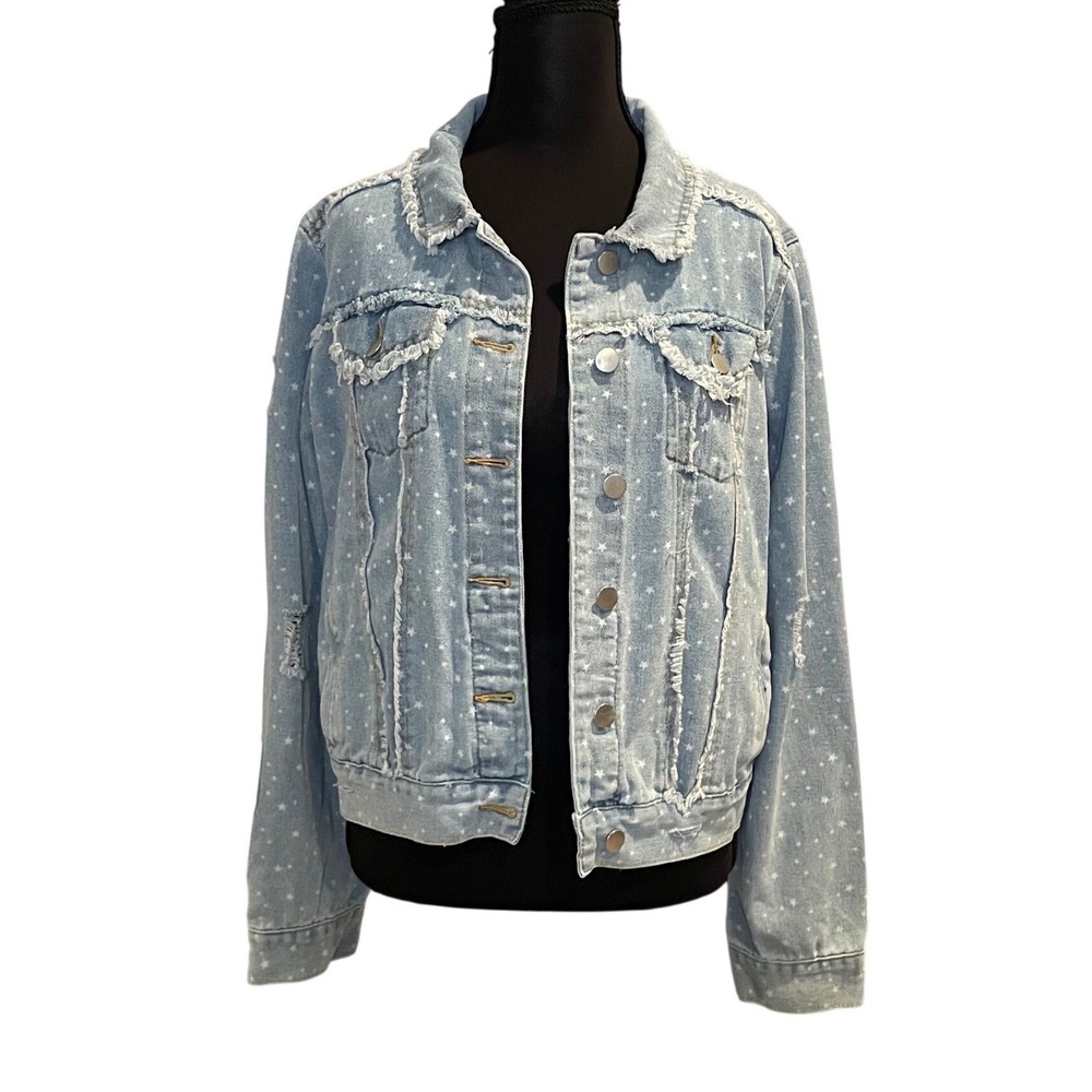 POL Oversized Light Wash Denim Jacket Stars Distressed Frayed Collar S Festival